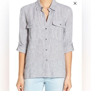 JAMES PERSE Button Down Linen Shirt 1 S Railroad Stripes Roll Tab V Neck Collar